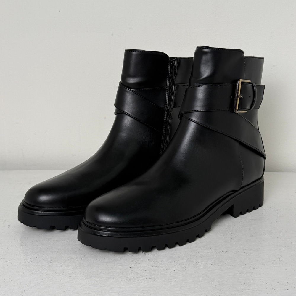 UNISA Black‎ Faux Leather Lug Sole Buckle Strap Ankle Boots Womens 11